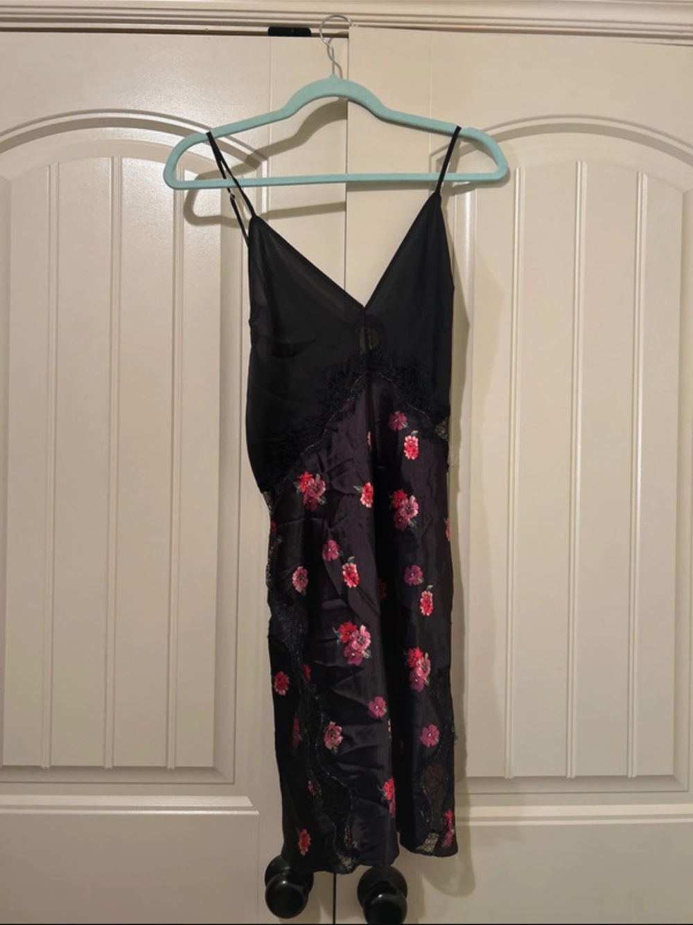 Victoria's Secret Black Satin Slip with Pink Floral Embroidery